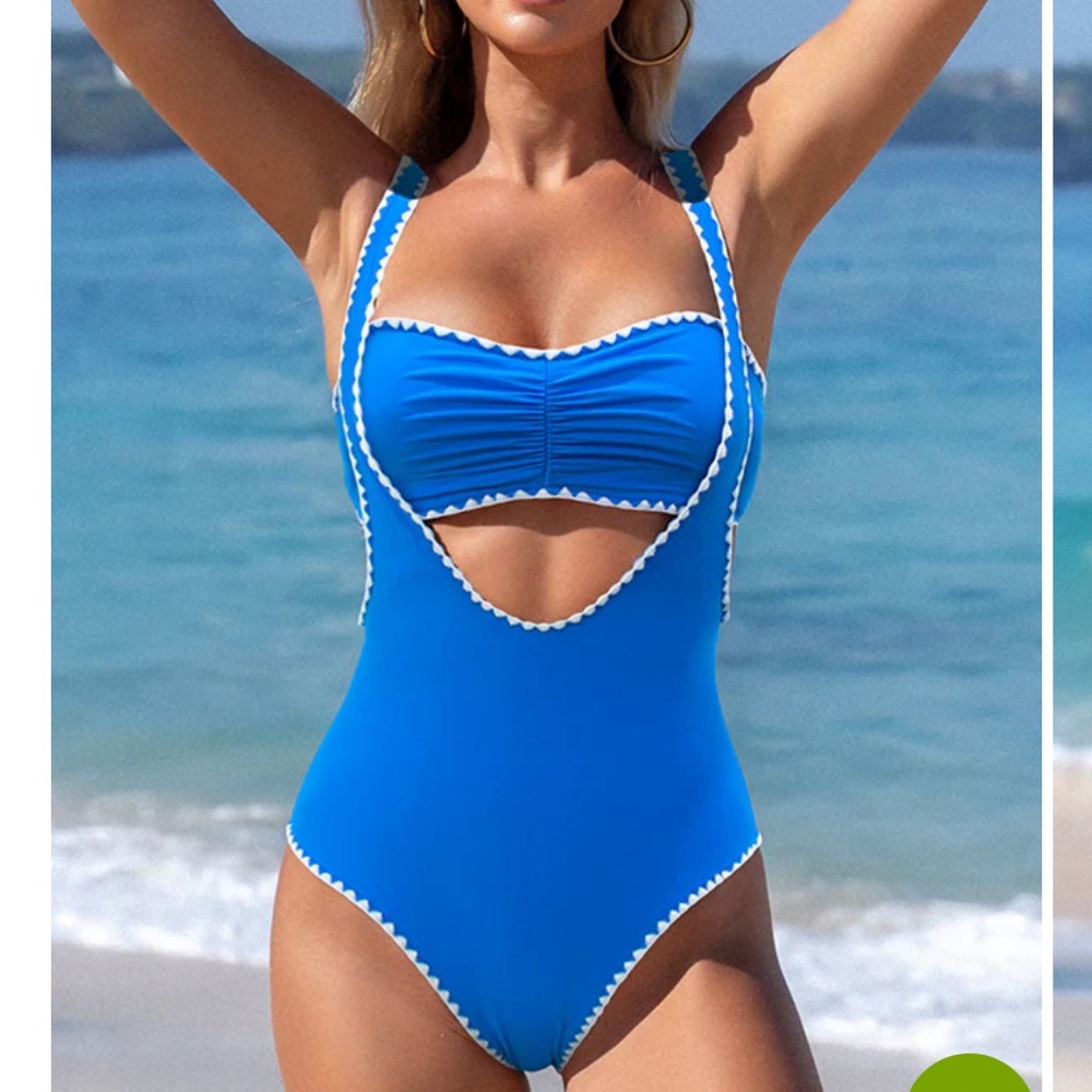 Beachsissi White Trim Ruched Front Blue Swimsuit